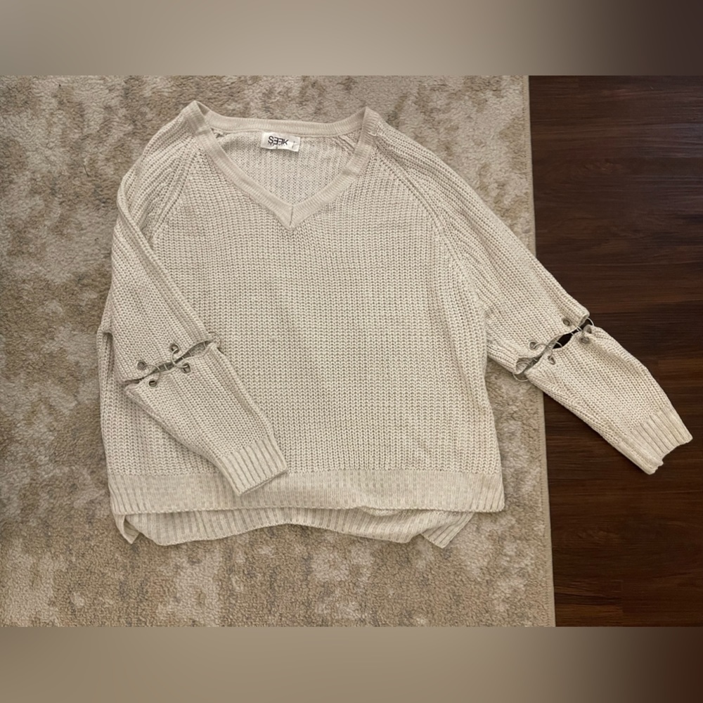 Tan Sweater with Chain Sleeve Detail